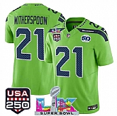 Men's Seattle Seahawks #21 Devon Witherspoon Green 2025 F.U.S.E. Super Bowl LX Patch And 50th Season & USA 250' Patch Vapor Limited Stitched Jersey,baseball caps,new era cap wholesale,wholesale hats