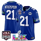 Men's Seattle Seahawks #21 Devon Witherspoon Royal 2025 F.U.S.E. Super Bowl LX Patch And 50th Season & USA 250' Patch Vapor Throwback Limited Stitched Jersey,baseball caps,new era cap wholesale,wholesale hats