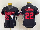 Women's Los Angeles Dodgers #22 Clayton Kershaw Black Hello Kitty Night 2025 World Series Champions Patch Stitched Jersey Dzhi,baseball caps,new era cap wholesale,wholesale hats