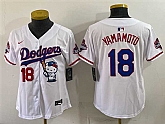 Women's Los Angeles Dodgers #18 Yoshinobu Yamamoto White Hello Kitty Night 2025 World Series Champions Patch Stitched Jersey Dzhi,baseball caps,new era cap wholesale,wholesale hats
