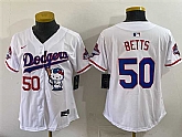 Women's Los Angeles Dodgers #50 Mookie Betts White Hello Kitty Night 2025 World Series Champions Patch Stitched Jersey Dzhi,baseball caps,new era cap wholesale,wholesale hats
