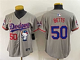 Women's Los Angeles Dodgers #50 Mookie Betts Grey Hello Kitty Night 2025 World Series Champions Patch Stitched Jersey Dzhi,baseball caps,new era cap wholesale,wholesale hats