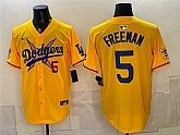 Men's Los Angeles Dodgers x One Piece #5 Freddie Freeman Yellow Vapor Premier Limited Stitched Jersey Dzhi,baseball caps,new era cap wholesale,wholesale hats
